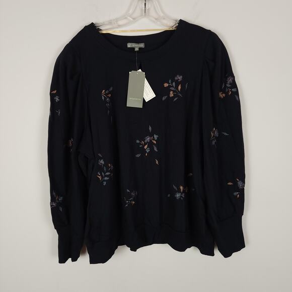 Wit & Wisdom Floral Embroidered Sweatshirt Size 3X Dark Blue Shirred Keyhole - Picture 1 of 14